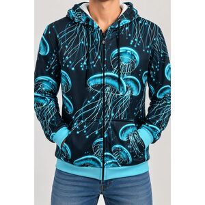 NWT Fresh Hoods Jellyfish Graphic Zip Hoodie Black Trippy Neon Sea Creature - S